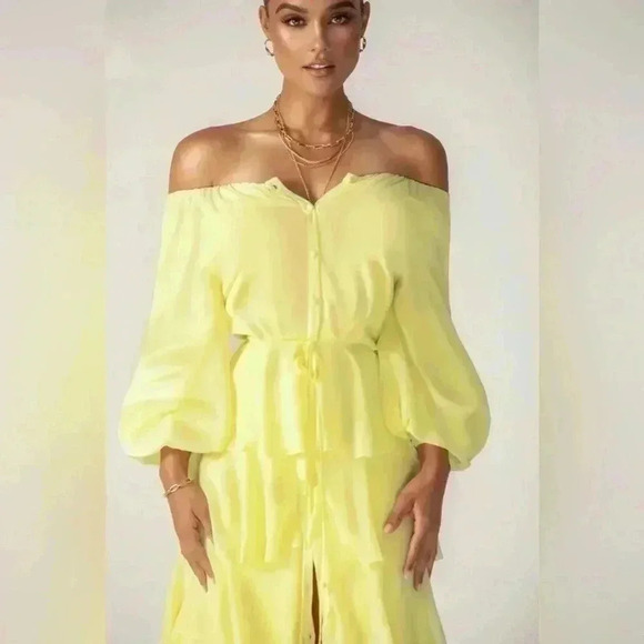 Alieva Dorra Chiffon Midi Dress Size Small Yellow Ruffle Sexy Girly Wavy - Picture 2 of 14